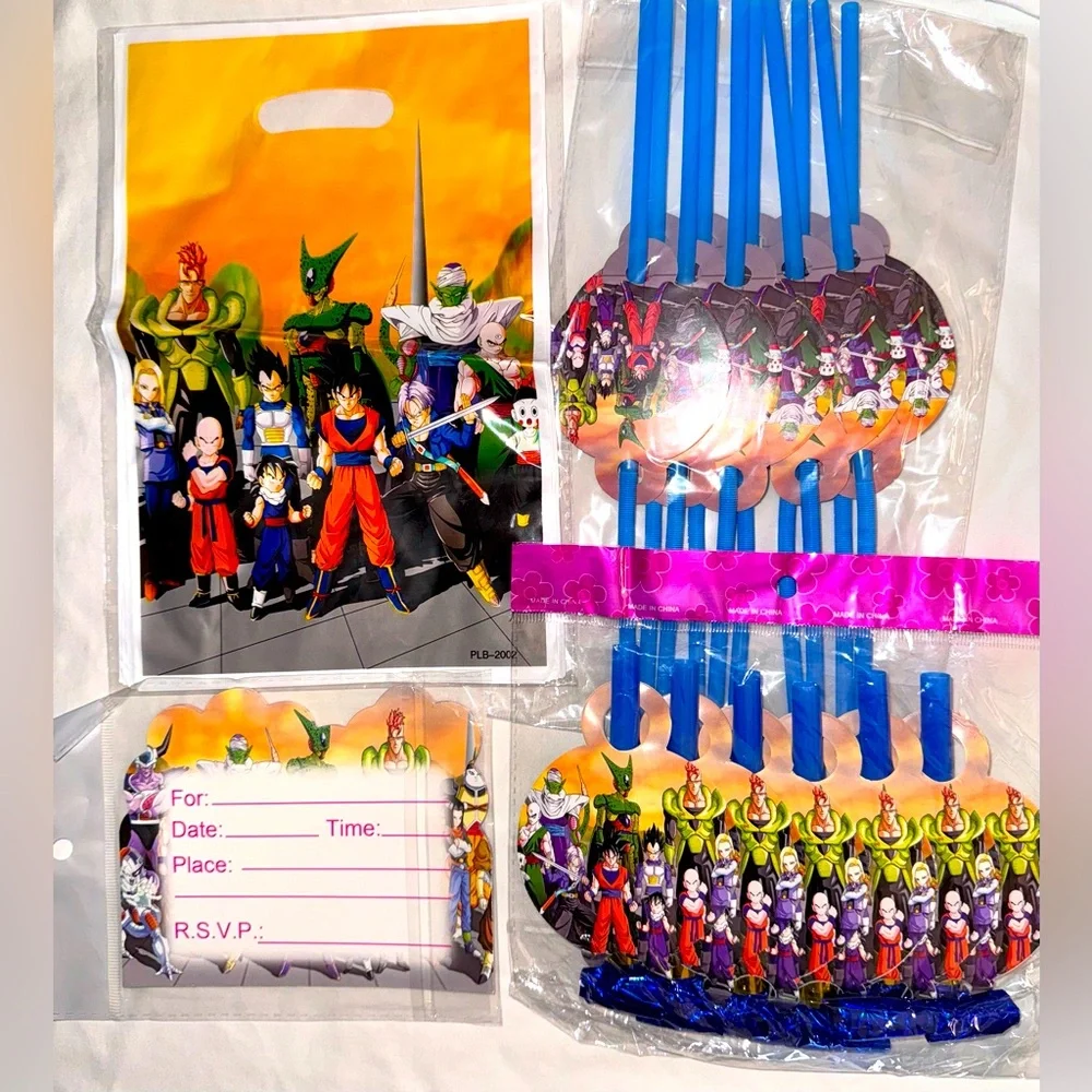 Anime-Themed Party Supplies Set with Blue and Multicolor Designs